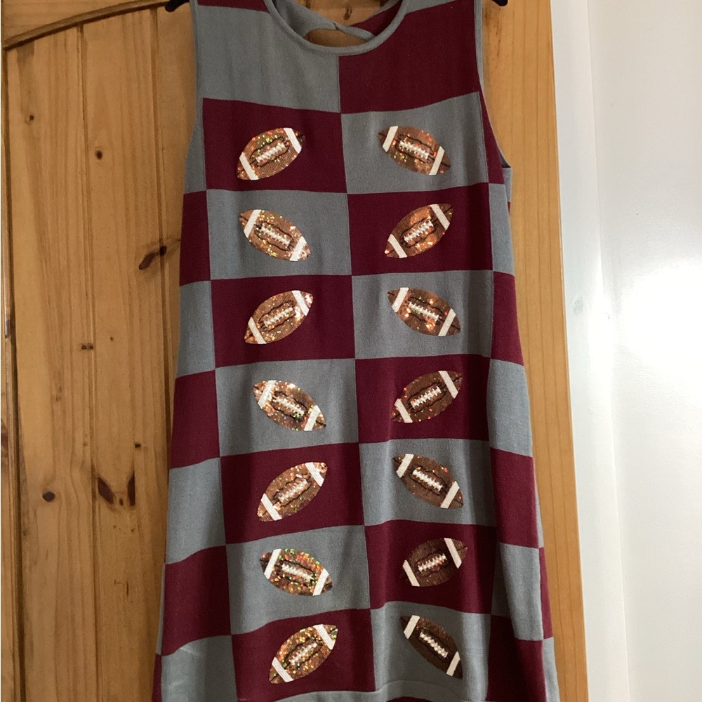 QUEEN OF SPARKLES Maroon and Gray Checkerboard Sequin Football Mini Dress